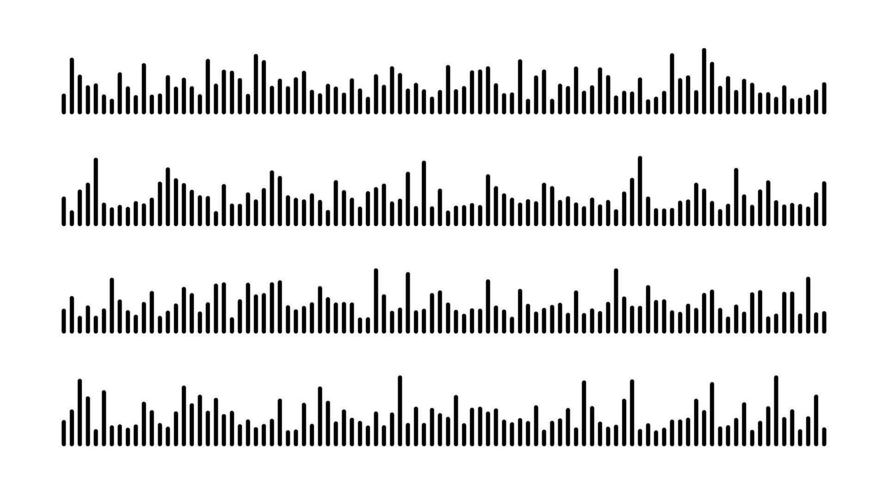 Black sound wave bars set. Music, podcast, audio tracks or voice messages. Equaliser elements collection. Diagram, chart or signal concepts. vector