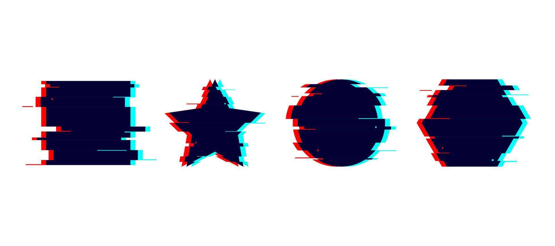 Glitch distorted geometric shapes set. Circle, square, star, hexagon with TV or vhs noise. Futuristic destroyed design elements collection. Pixilated text boxes. vector