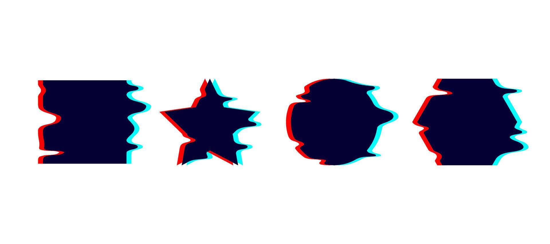 Glitched melt geometric shapes set. Distorted circle, square, star, hexagon with drip effect. Futuristic destroyed design elements collection. Text boxes. vector