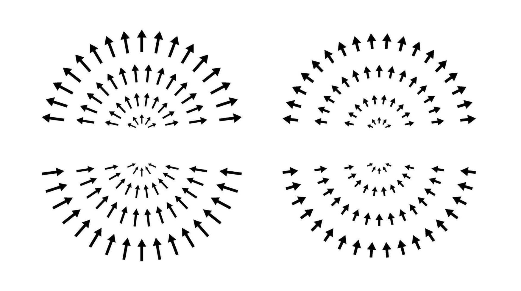 Arrows pointing inside and outside. Hemispheres, epicenter, target, radar concept. Inward and outward arrows. vector