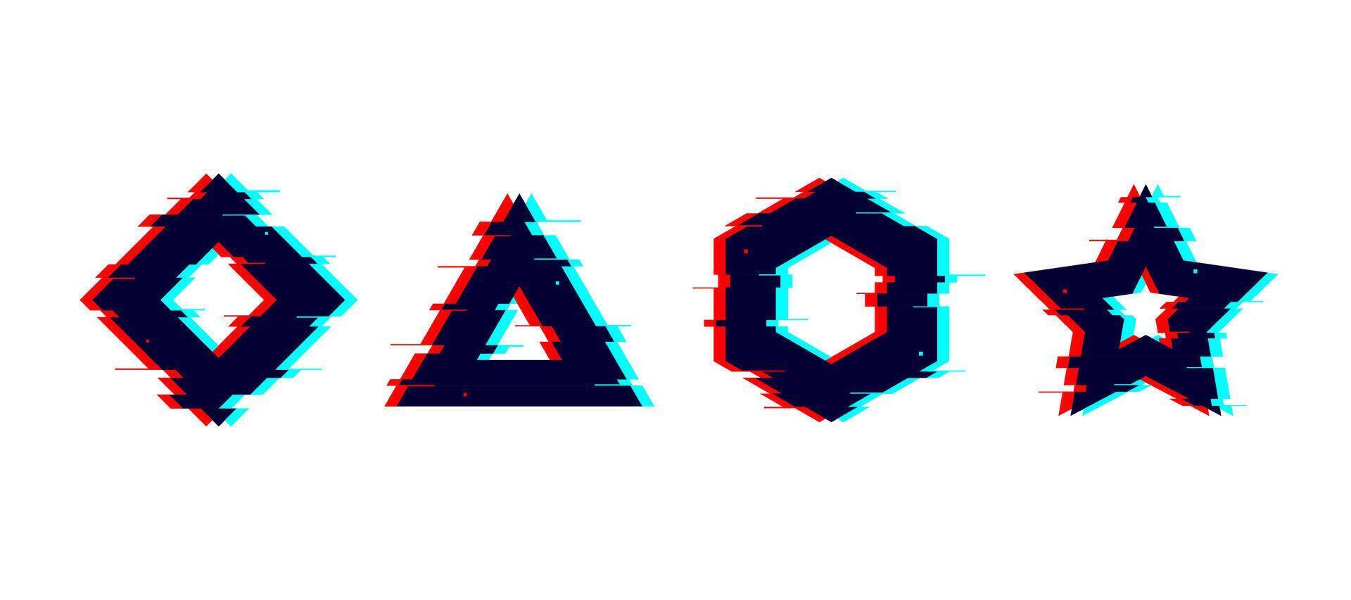 Glitch distorted geometric shapes set. Square, triangle, star, hexagon with TV or vhs noise. Futuristic destroyed design elements collection. Pixilated boxes frames. vector