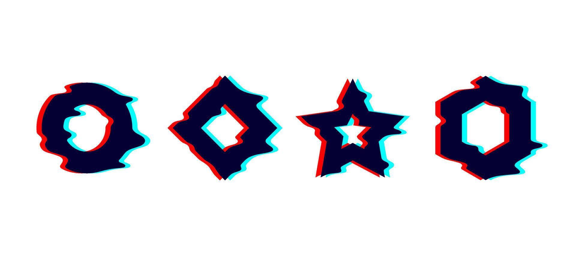 Glitched melted geometric shapes set. Distorted ring, square, star, hexagon with drip effect. Futuristic destroyed design elements collection. Text boxes. vector