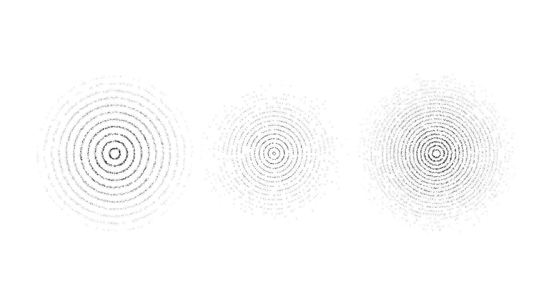 Faded concentric circles set. Dotted grainy rings set. Stippled gradient epicentre, radar or target concept . Grain noise sound wave. stochastic dot work vector