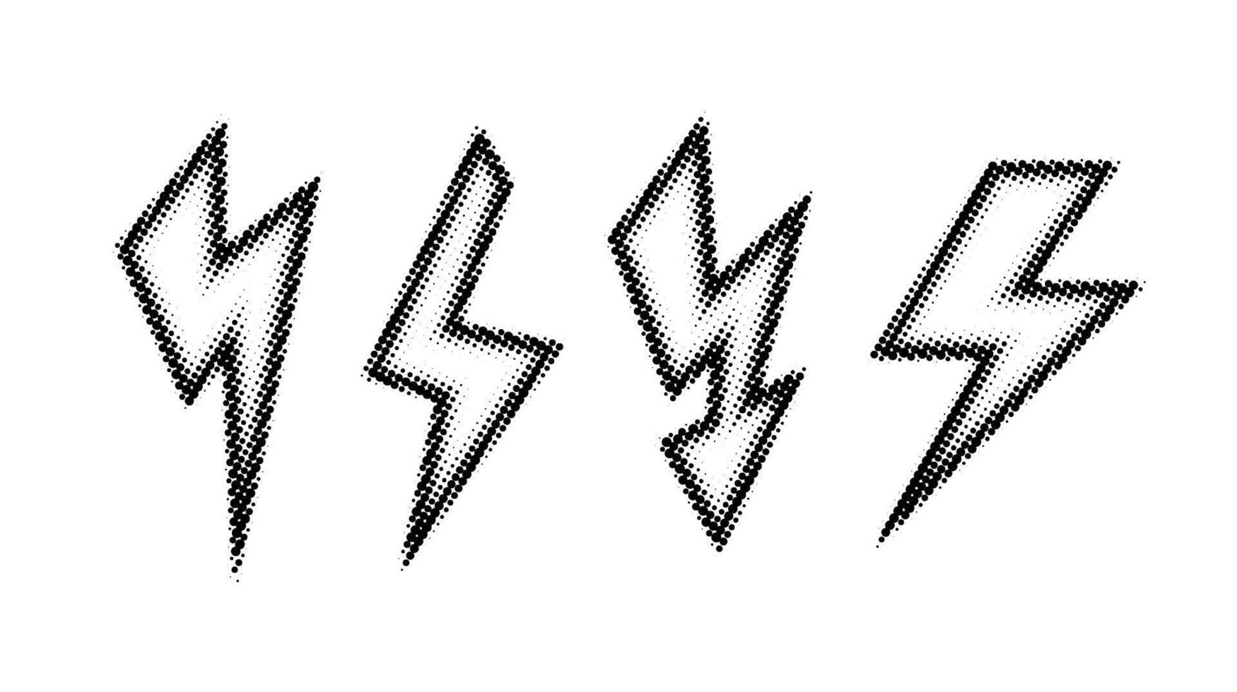 Halftone lightning bolt set. Black textured thunderbolt collection. Black flash symbols. Comic lightning strike signs. vector