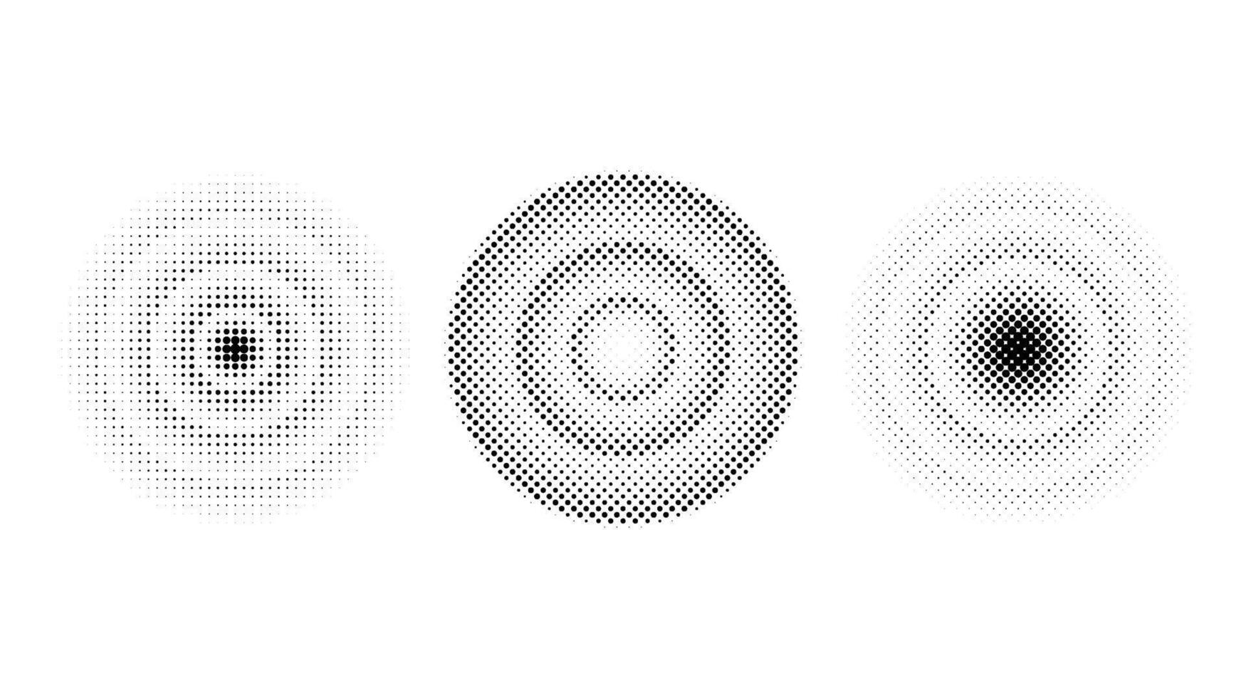 Halftone concentric circles set. Comic texture rings collection. Round dotted gradient collection. Radial design elements. Epicentre, target, radar concept. Abstract background vector