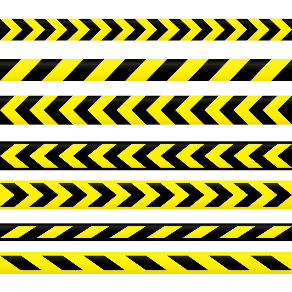 Caution tape set. Yellow and black warning stripes collection. Repeating construction, hazard, danger sellotapes. Restriction and prohibition zones adhesive tapes. vector
