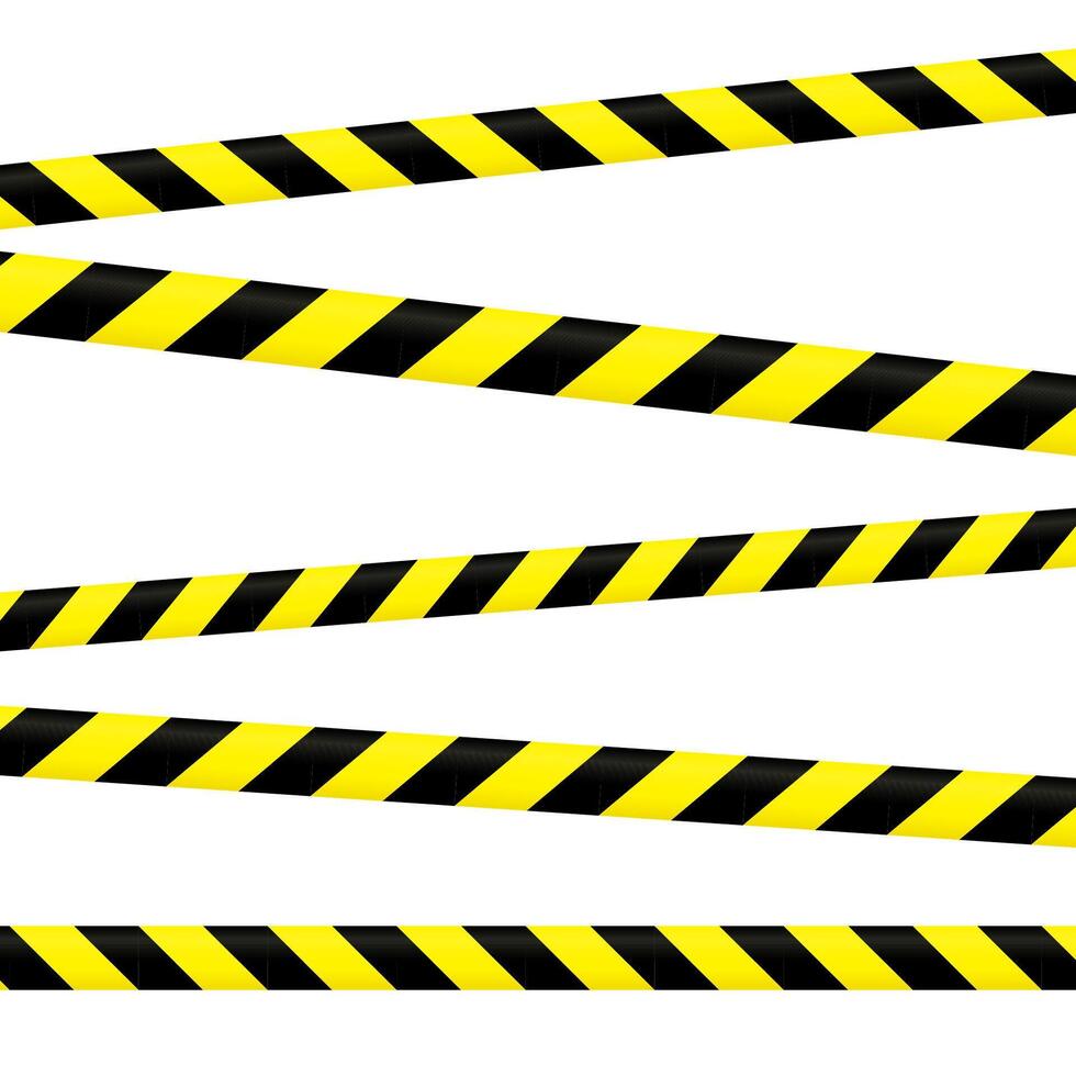 Crossed caution tape set. Yellow and black warning stripes. Repeating construction, hazard, danger sellotapes. Restriction and prohibition zones adhesive tapes. Police line. vector
