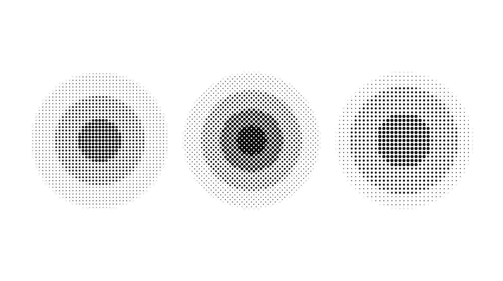 Halftone concentric circles set. Comic texture rings collection. Dotted round collection. Radial design elements. Epicentre, target, radar concept. Abstract background. vector