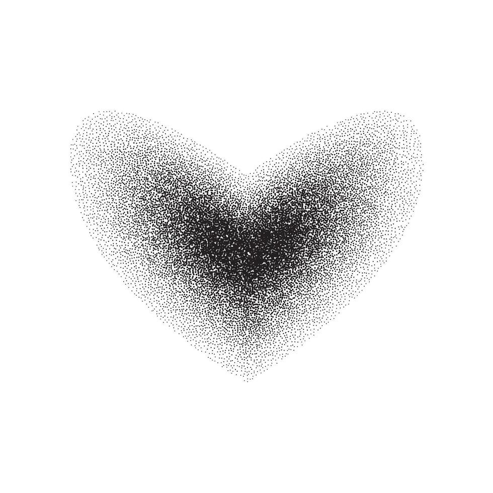Dotted grain heart. Black stipple core shape. Noise sand texture heart form. stochastic vector