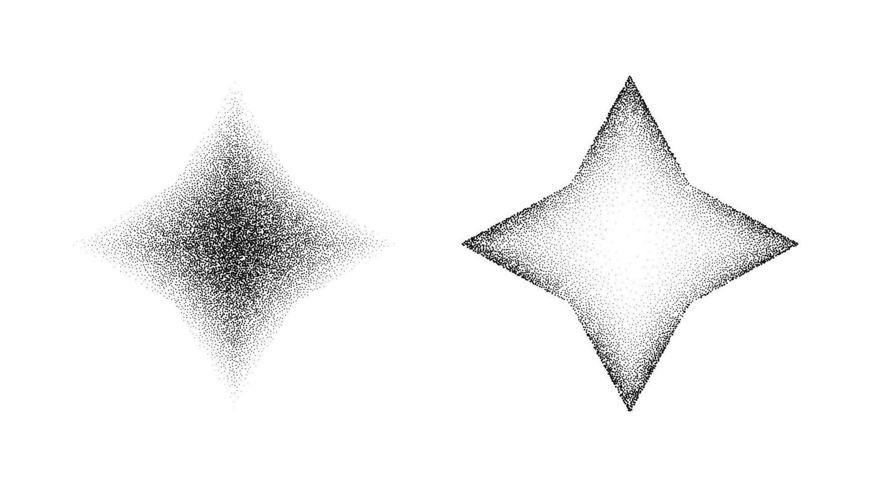 Dotted grain star shapes. Black stipple diamonds. Abstract noise texture rhombus. Halftone flare form. stochastic vector