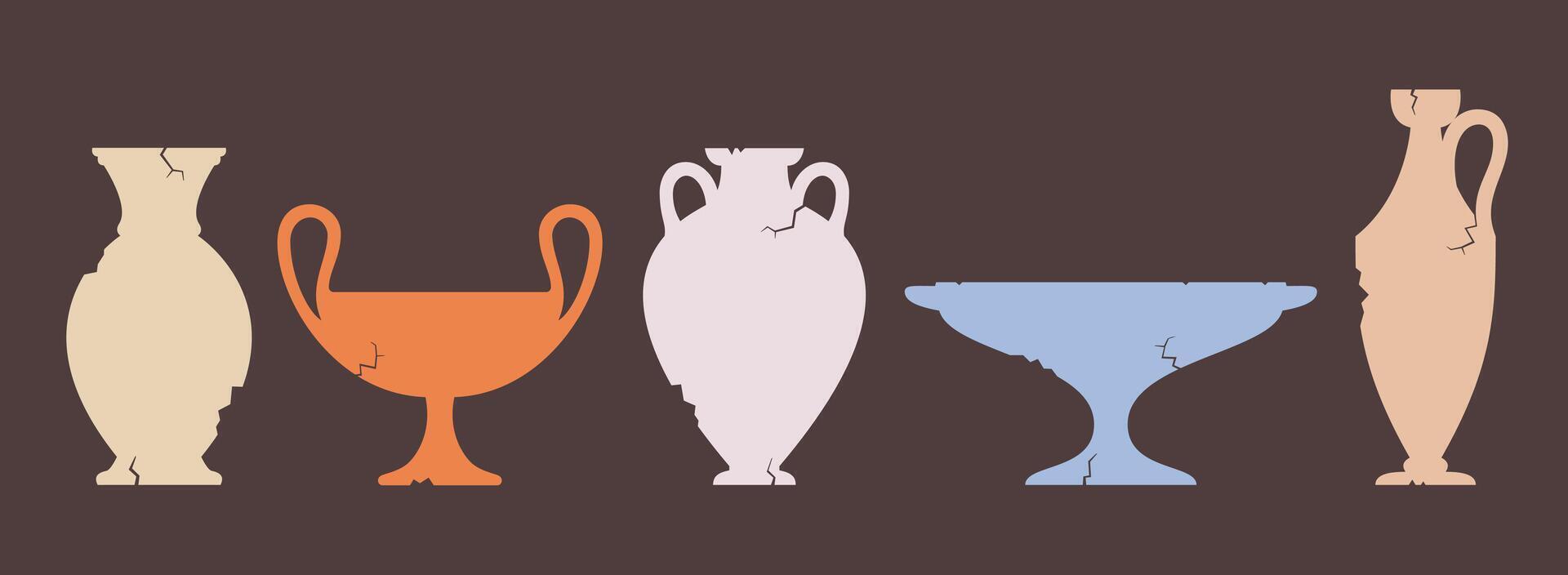 Broken vase silhouettes set. Different cracked ancient greek amphoras. Various forms and shapes of antique ceramic jar or vessel. Old clay pottery collection. vector