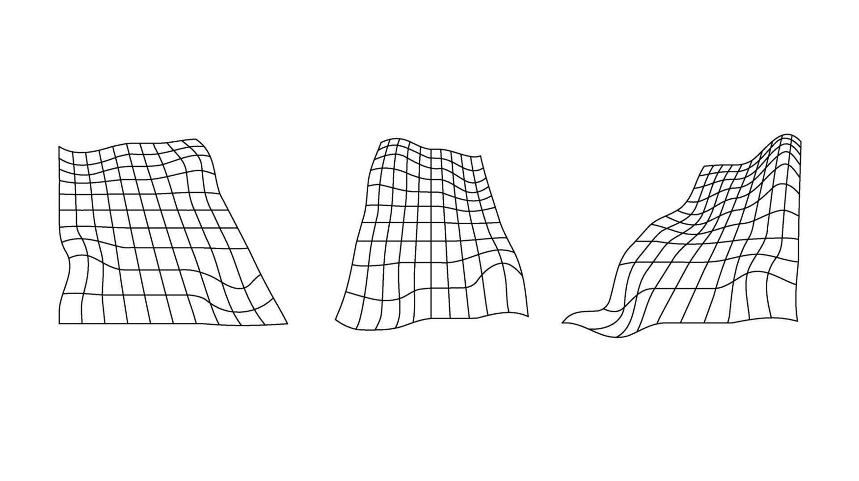 Distorted perspective grid set. Glitch rectangle plane collection. Retro wavy futuristic elements. Ripple wireframes. abstract vector
