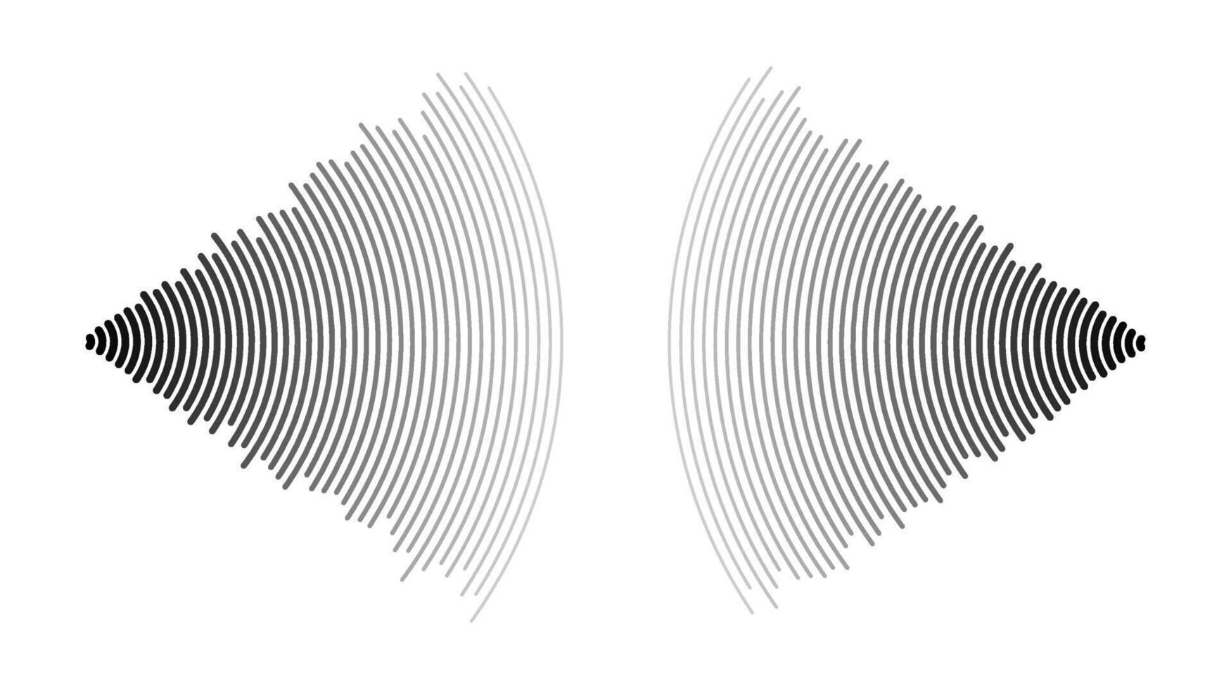 Sound wave echo. Radio or music audio signals. Epicentre or radar icons. Radial signal or vibration elements. Impulse curve lines. Concentric ripple semi circle. vector