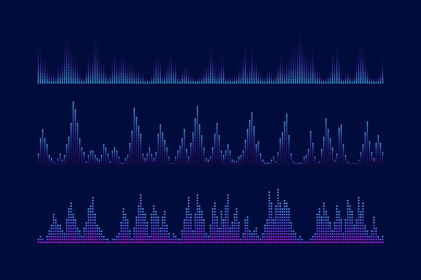 Sound equalizer and visualication set. Music wave bars collection. Podcast, audio tracks or voice messages. Diagram, chart or signal concepts. vector