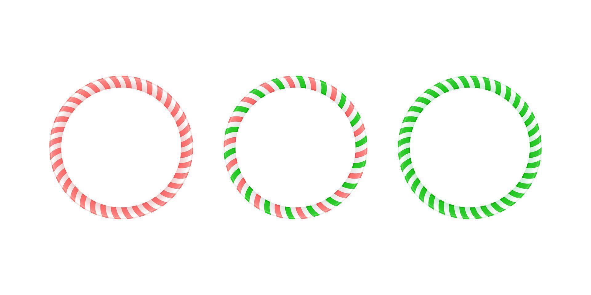 Christmas round frame set. Candy cane border with striped lollipop pattern. Xmas and new year template collection. vector