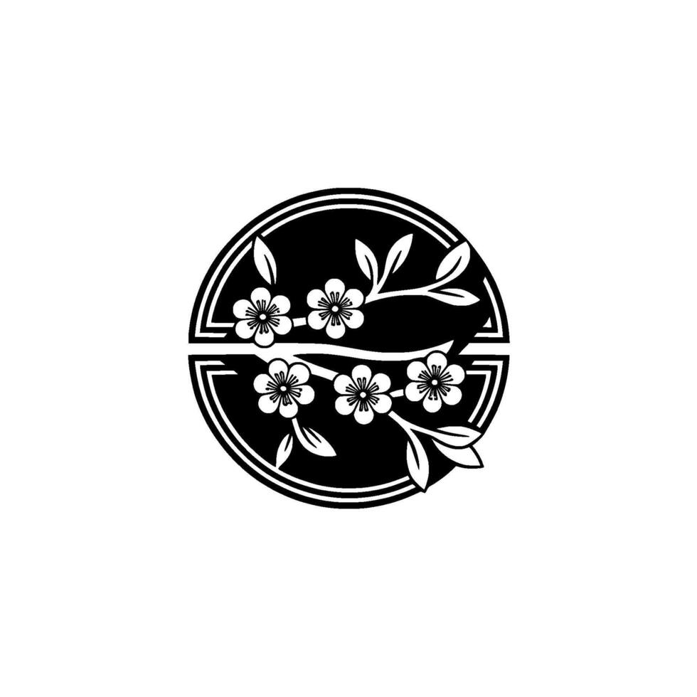 Minimalist Cherry Blossom Branch in Circle, Japanese vector