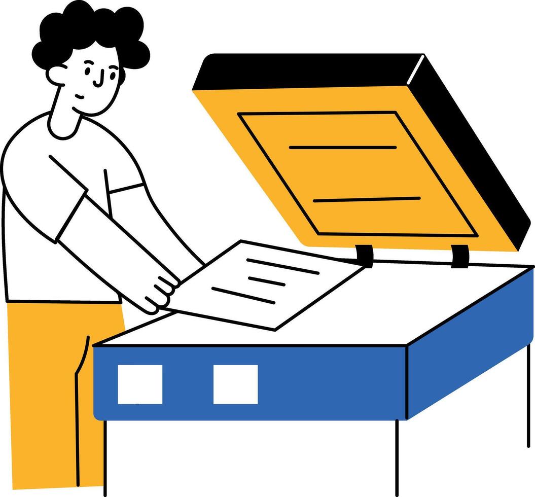 Flat style illustration showing user scanning documents on printer vector