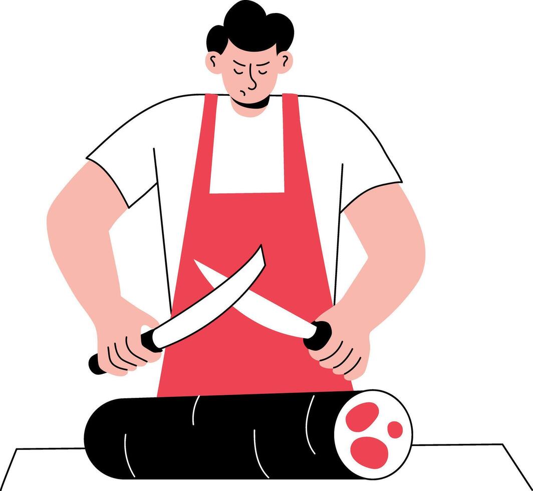 A hand drawn illustration showing a person cutting meat vector