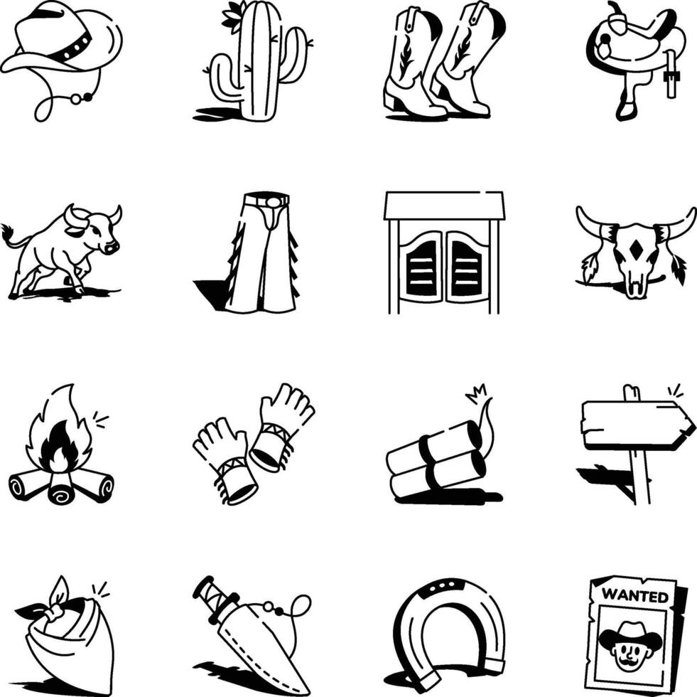 Collection of Wild West Doodle Icons vector