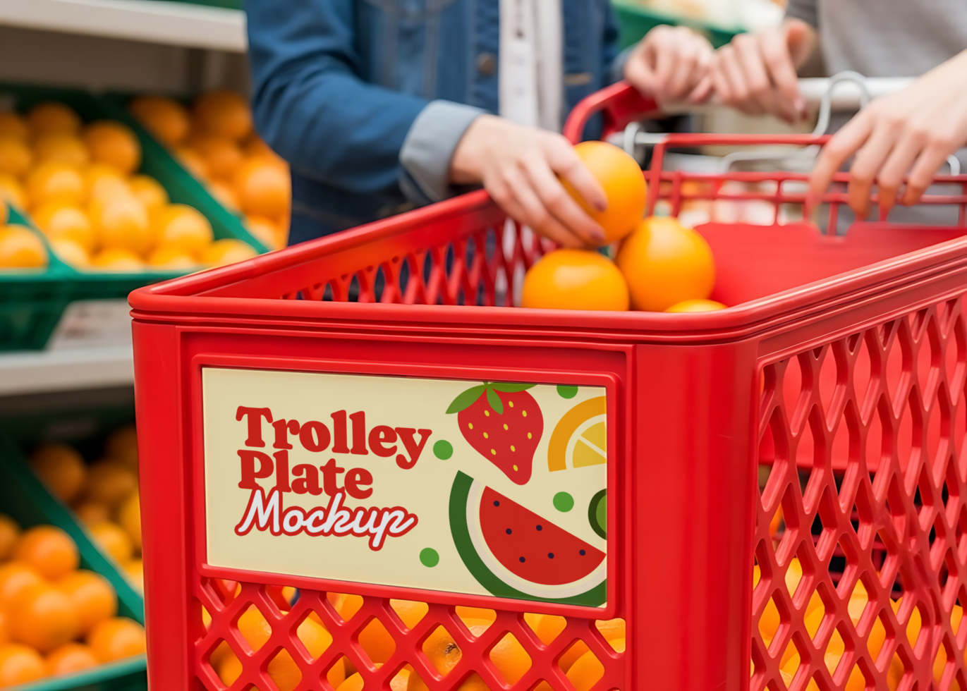 Shopping Cart with Fruit and a Mockup Label psd