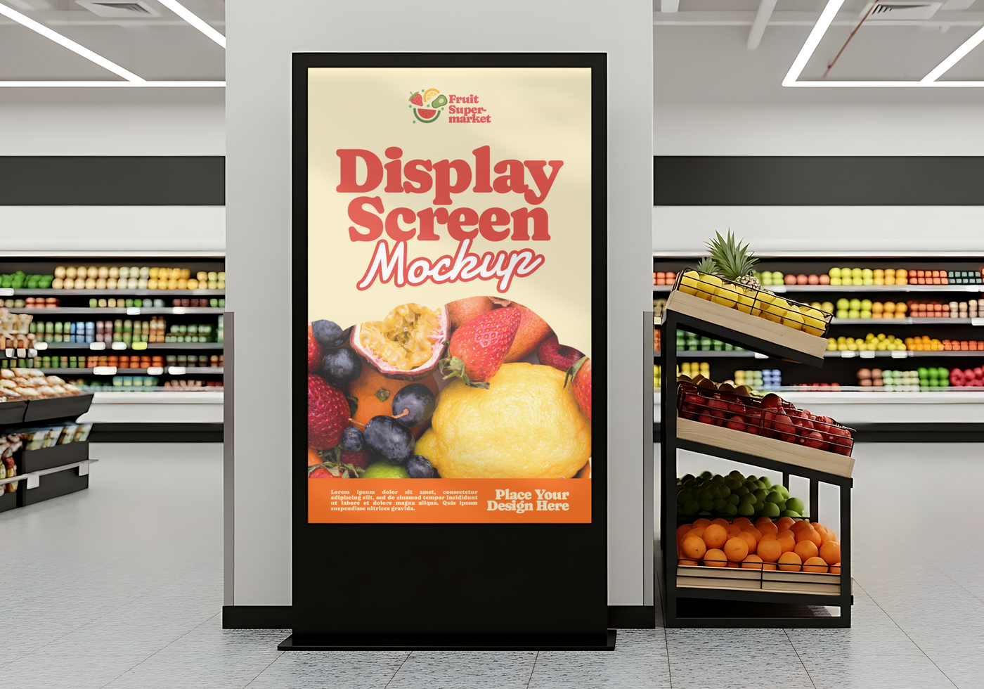 Display Screen Mockup in a Supermarket with Fruit Display psd