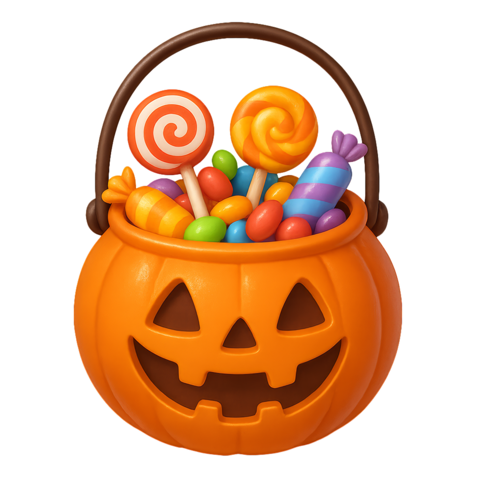 Colorful Pumpkin Bucket Filled with Delicious Halloween Candy png