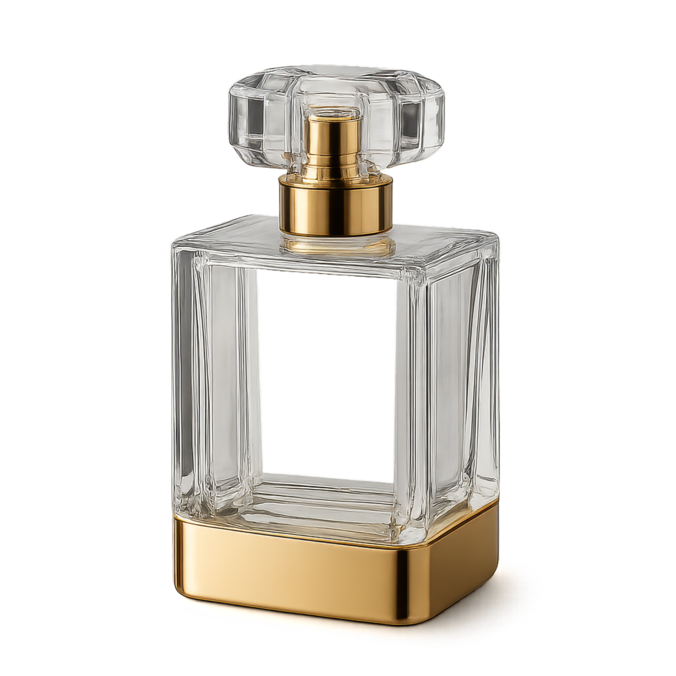 Elegant Glass Perfume Bottle with Simple Design and Golden Accents png