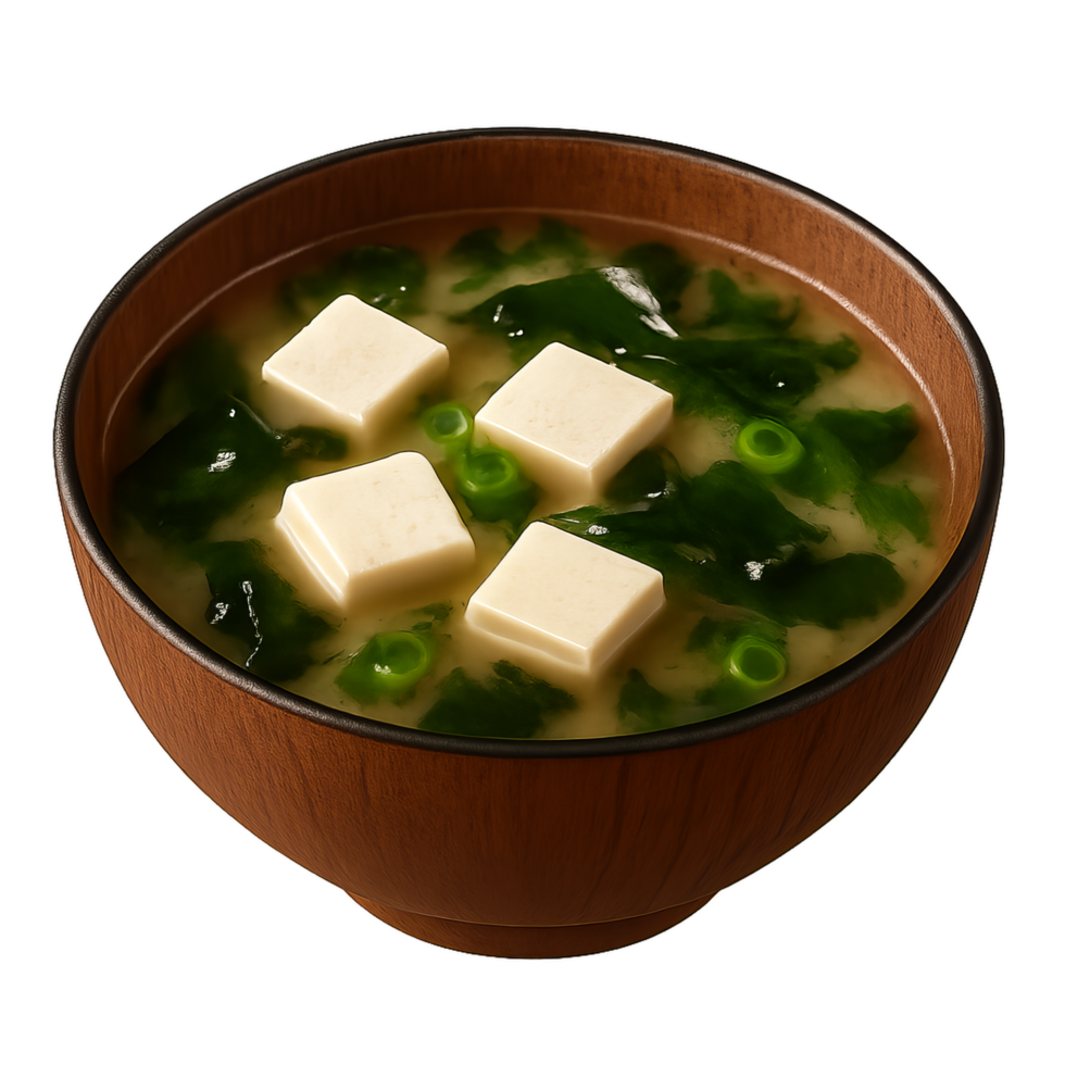 Simple Miso Soup Delight Tofu and Seaweed in Wooden Bowl png