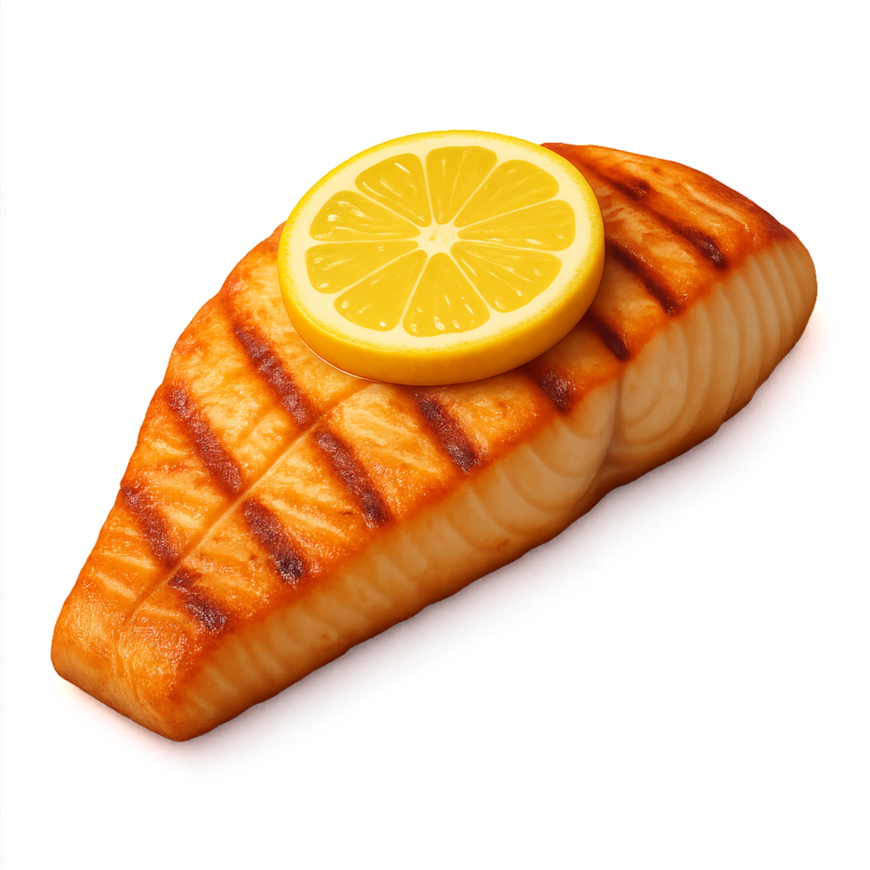 Grilled Fish Fillet with Lemon Slice in 3D Rendered Style png