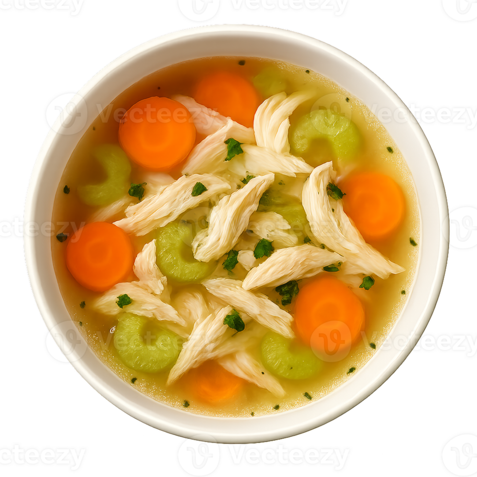 Simple Chicken Soup in a White Bowl with Vegetables and Herbs png