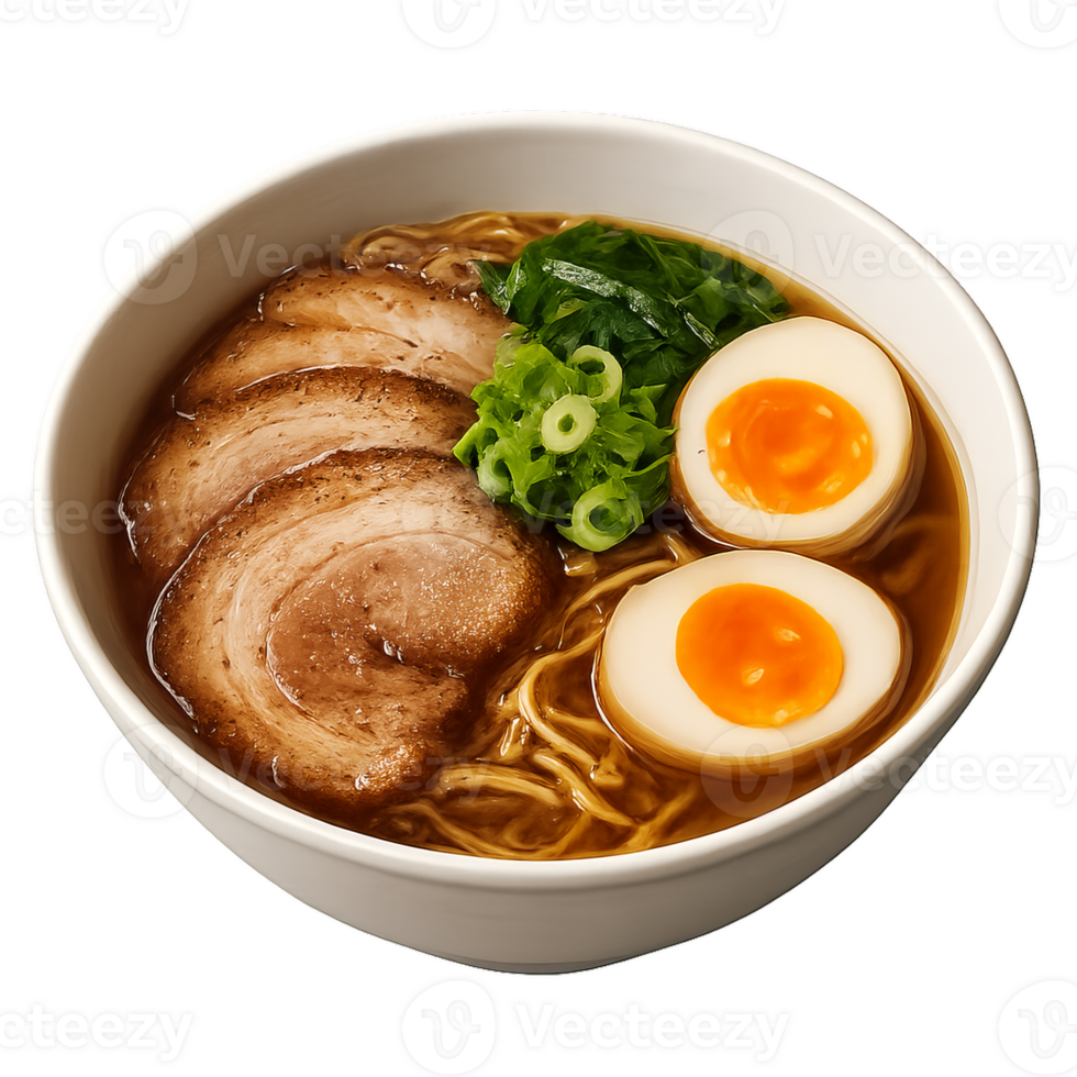Delicious Bowl of Ramen with Tender Pork and Soft Boiled Eggs png
