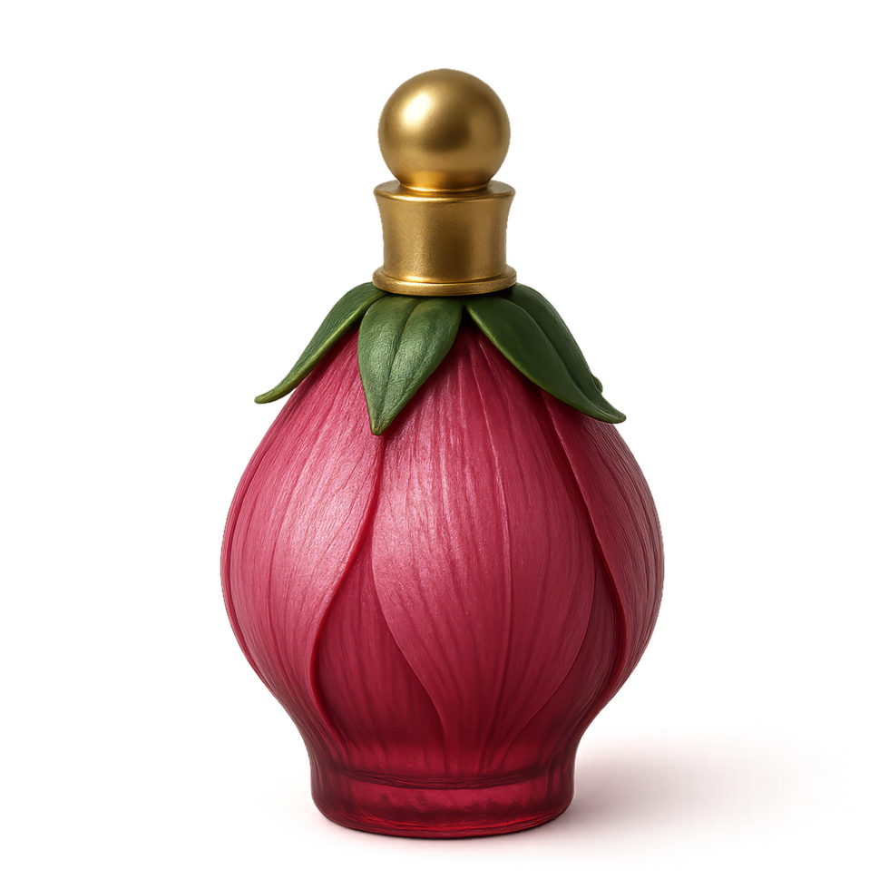 Elegant Floral Perfume Bottle with Leafy Design and Gold Top png