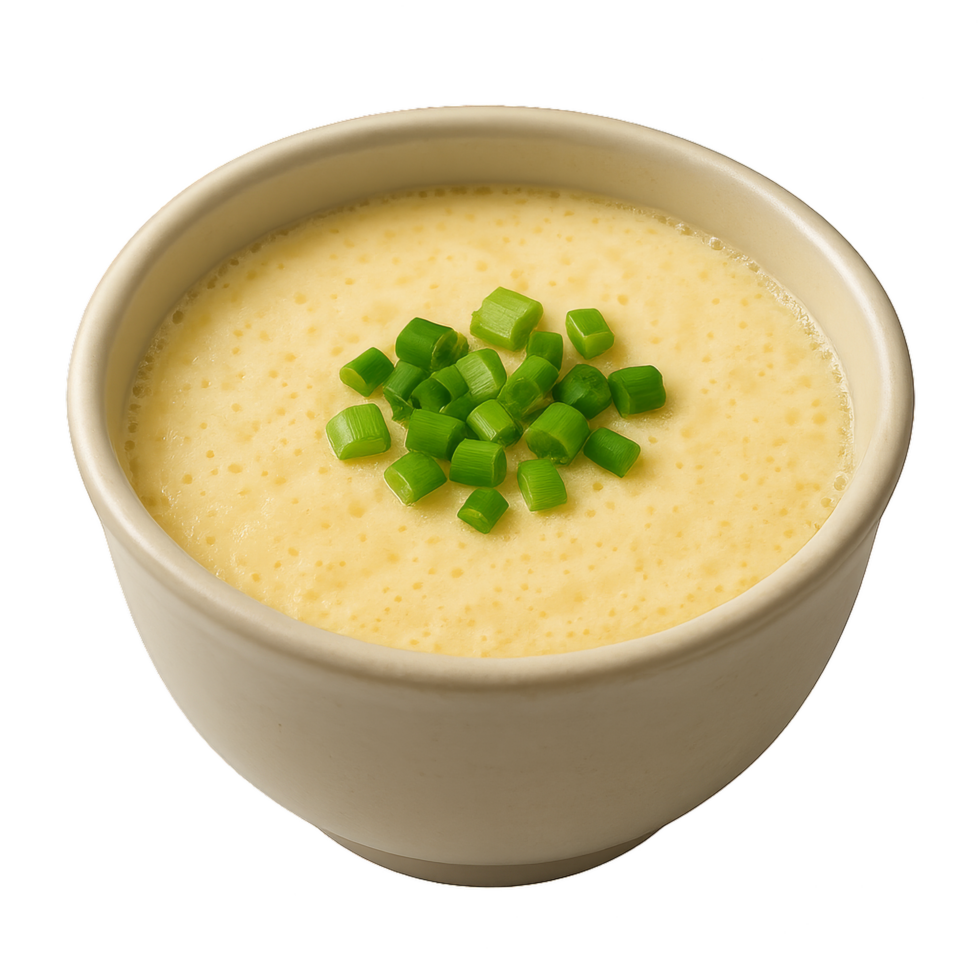 Simple Steamed Egg Custard with Chopped Green Onions in Bowl png