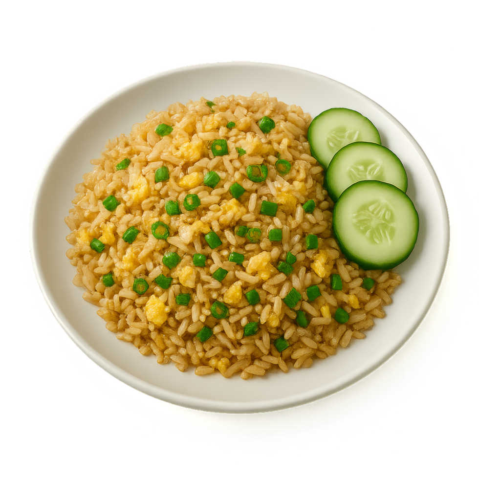Simple Fried Rice Delight with Fresh Cucumbers on a White Plate png