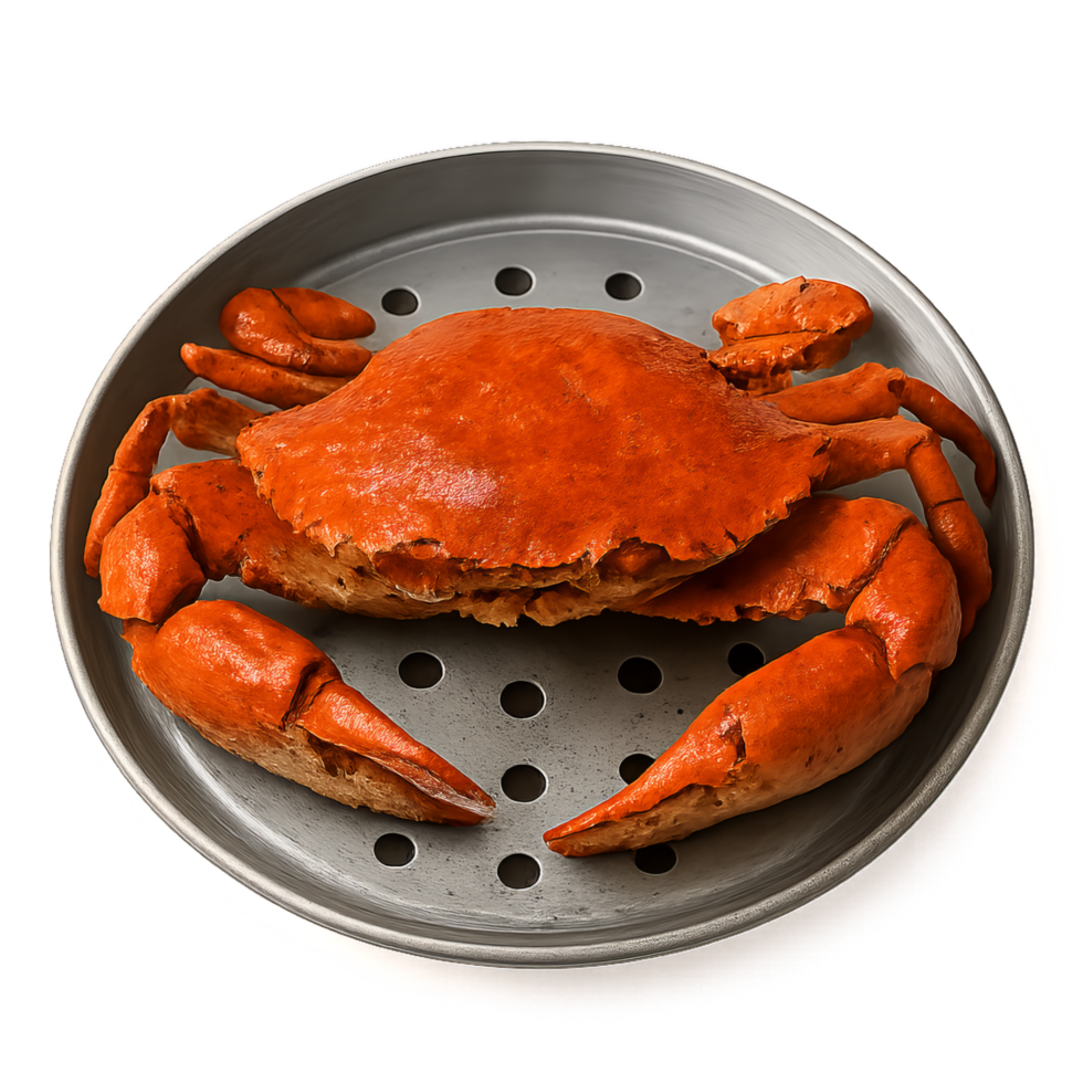 Delicious Steamed Crab Delight on Metallic Steamer Plate png