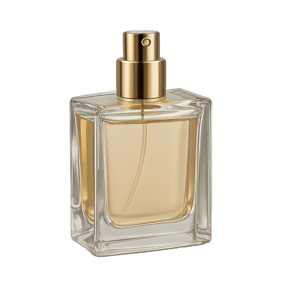 Elegant Simple Perfume Bottle With Gold Cap in Clear Design png