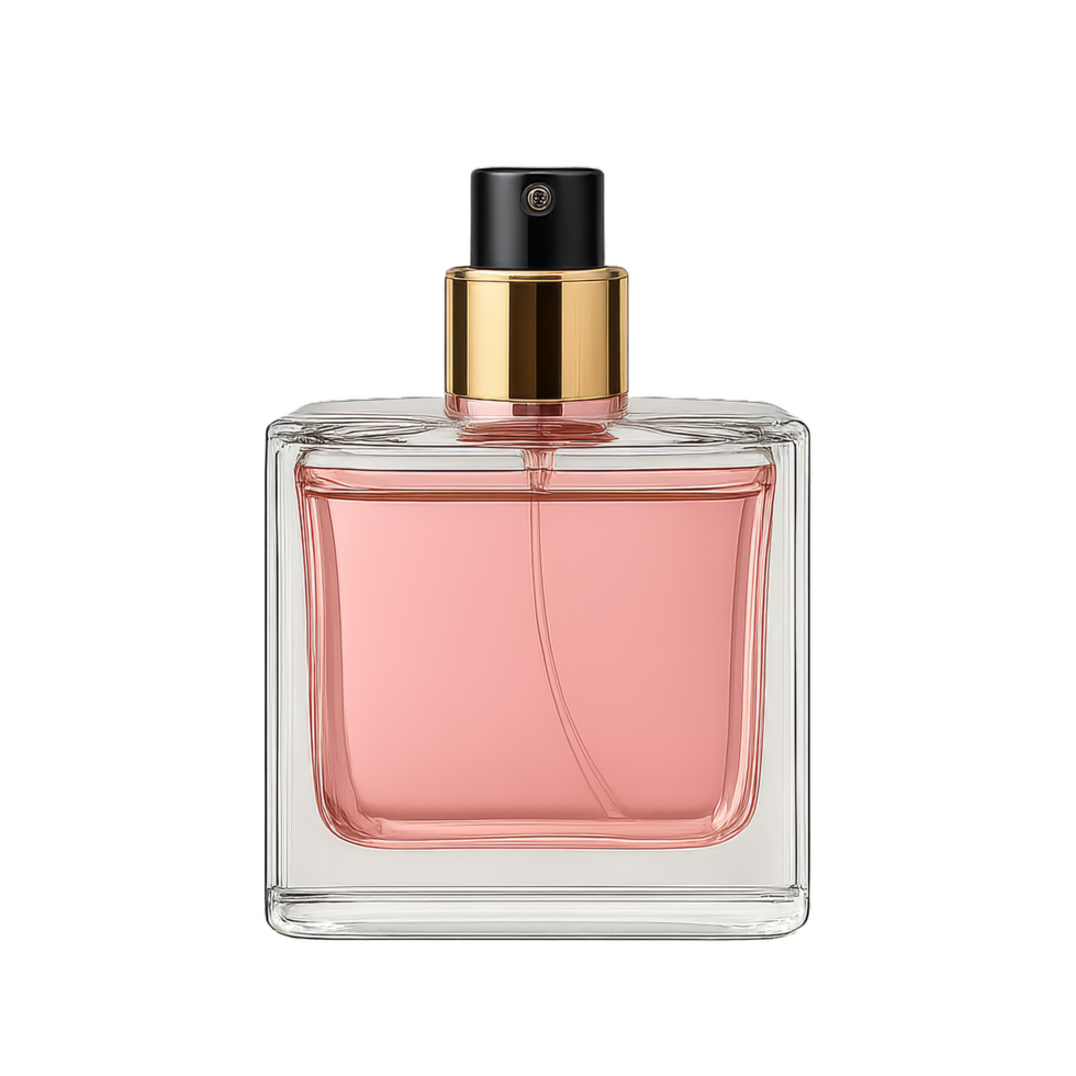 Elegant Pink Perfume Bottle with Simple Design and Gold Cap png
