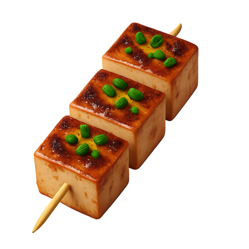 Delicious Glazed Tofu Skewers with Green Garnish on Wooden Stick png