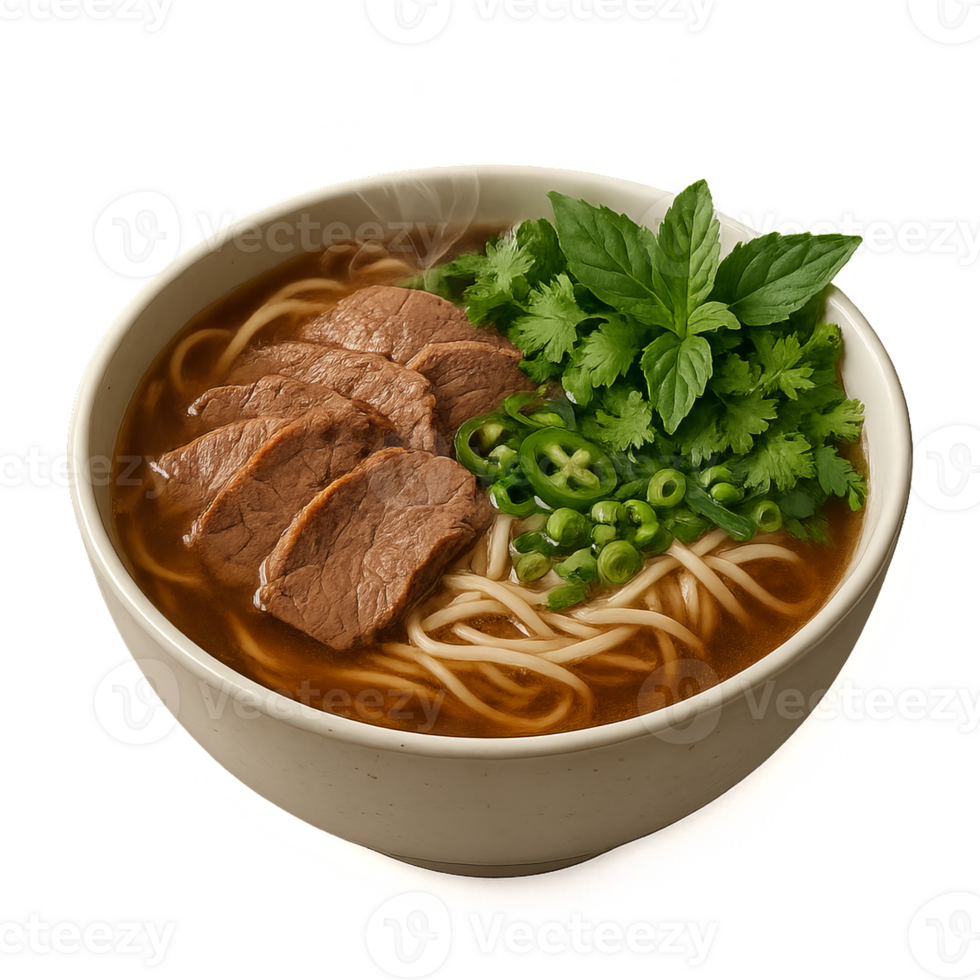 Steaming Beef Noodle Soup with Fresh Herbs and Green Onions png
