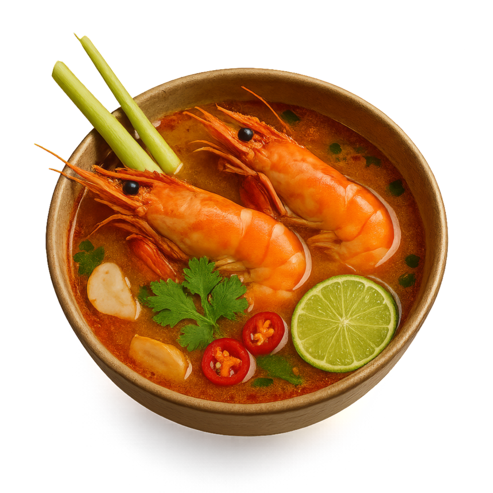 Authentic Tom Yum Goong with Shrimp and Fresh Ingredients in Bowl png