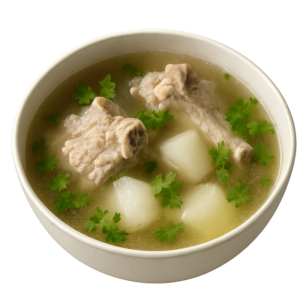 Simple Pork Broth Delicacy with Tender Meat and Fresh Herbs png