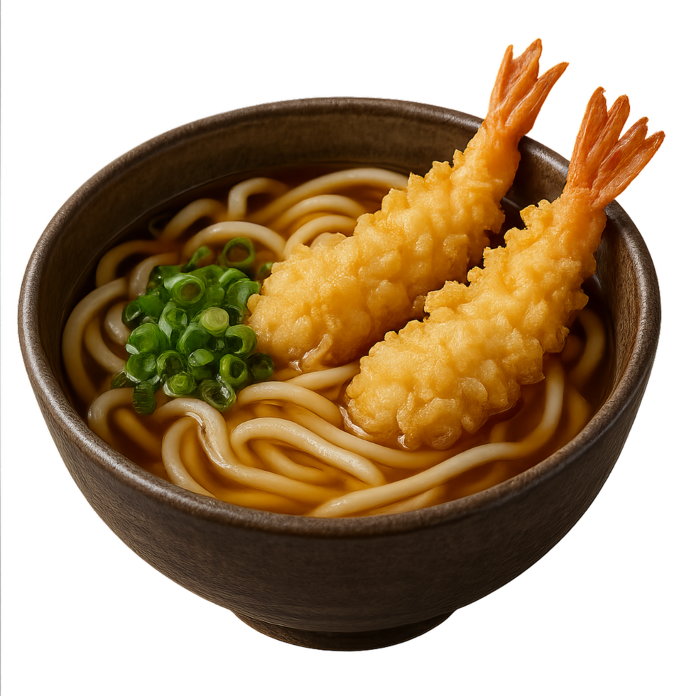 Delicious Udon Soup Tempura and Green Onions in Bowl png