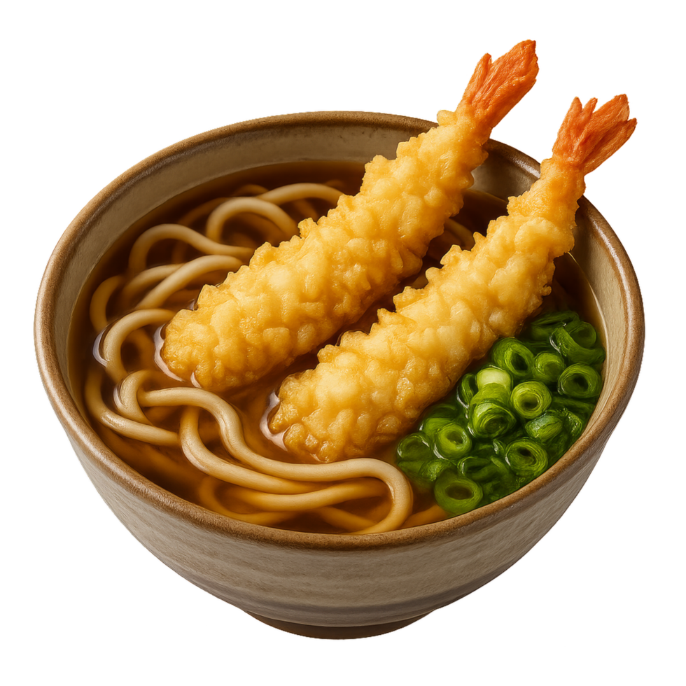 Delicious Udon Soup Tempura and Green Onions in Bow png