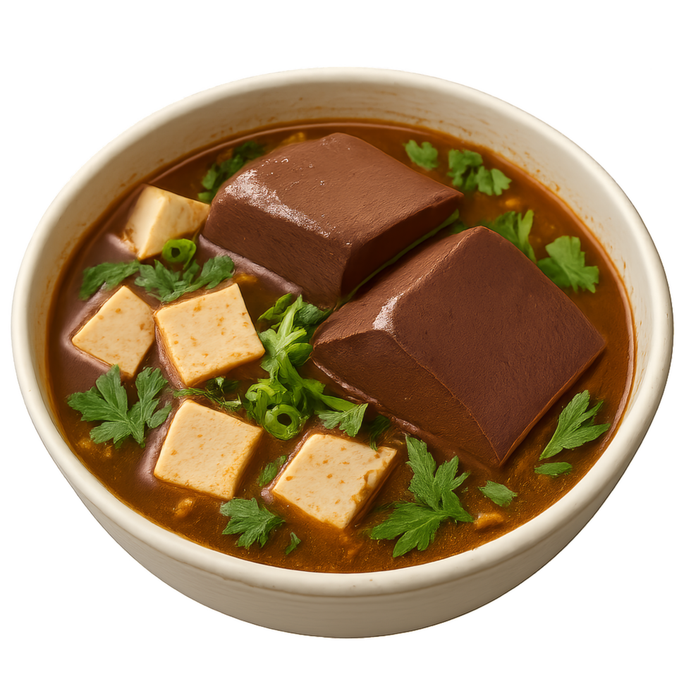 Simple Duck Blood Soup with Tofu and Fresh Herbs in a Bowl png