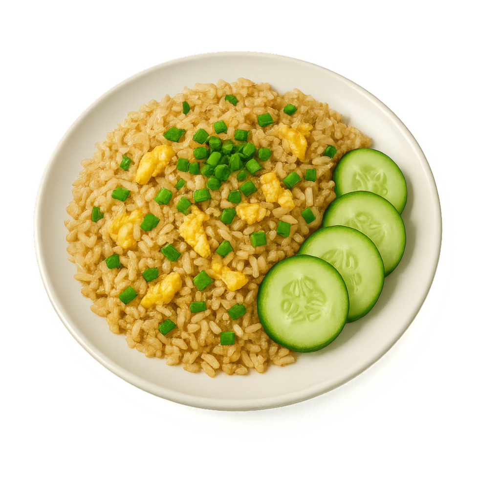 Simple Fried Rice Delight with Fresh Cucumber Slices on Plate png