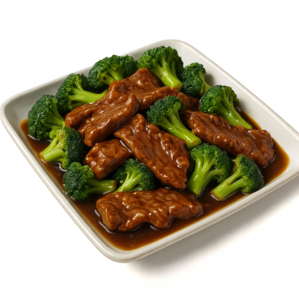 Delicious Stir Fried Beef with Fresh Broccoli on a White Plate png