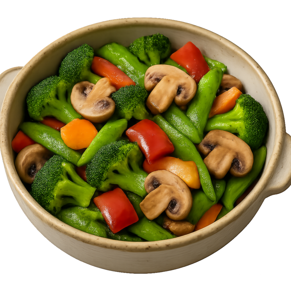 Colorful Mixed Vegetable Stir Fry in a White Bowl with Fresh Ingredients png