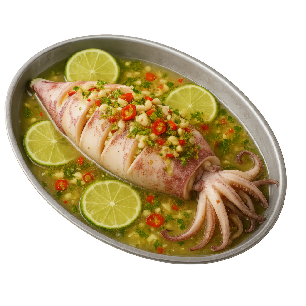 Steamed Stuffed Squid with Vegetables and Lime Garnish png