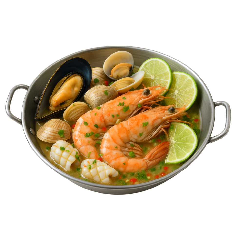 Steamed Seafood with Lime and Herbs in a Round Metal Dish png