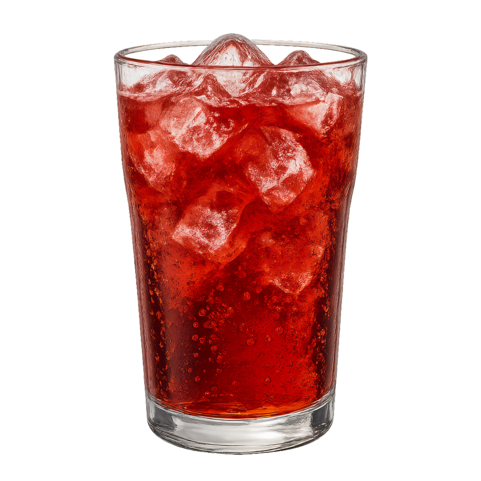Fizzy Red Refreshment with Ice in a Clear Glass Cup png